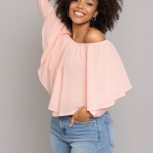 Polera manga larga elasticada rosa escote Bardot, CALOE, talla M/L
