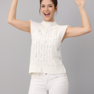 Sweater blanco sin manga pompones, sin marca, talla S